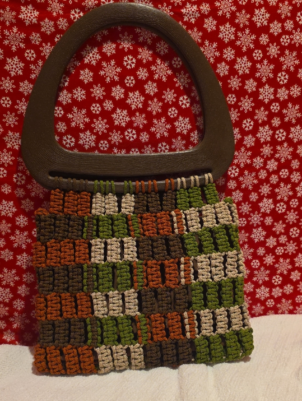 Vintage 1970s Macrame Handbag with Plastic Handle - Brown, Green, Tan, Orange